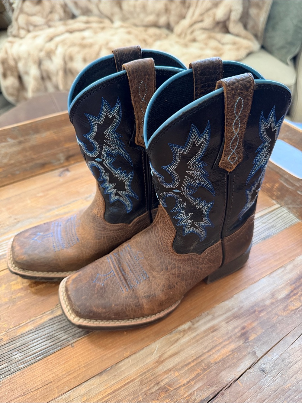 Ariat Brown and Black Kids Western Boots with Blue Embroidery